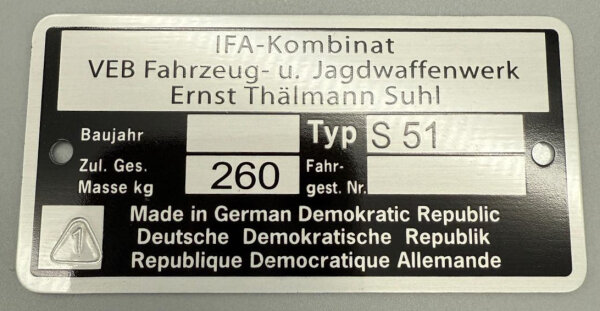 Typenschild mit Gütesiegeel Güteklasse 1 für Simson S51