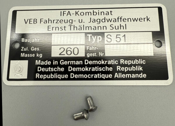 Typenschild mit Gütesiegeel Gütezeichen Q für Simson S51